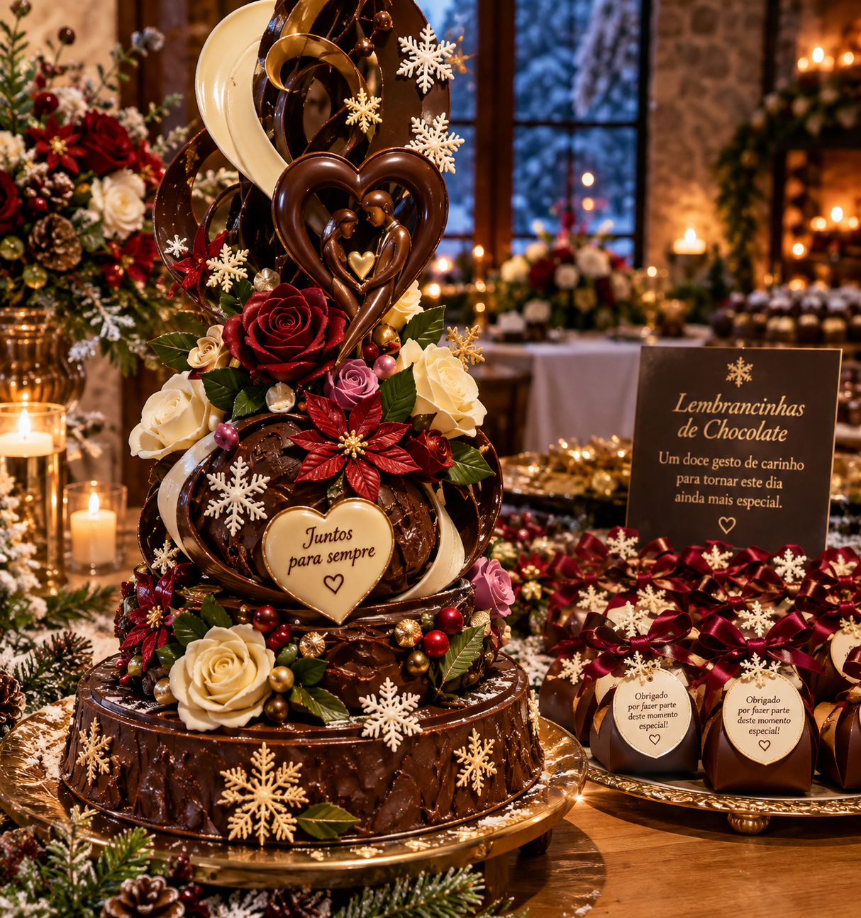 Escultura de Chocolate em Casamento de Inverno: Arte, Sabor e Lembranças que Encantam
